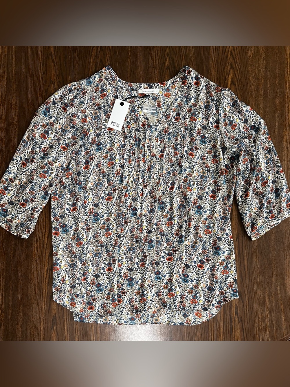 Rose & Olive Floral Pintuck Blouse - Blue & Rust NWT
